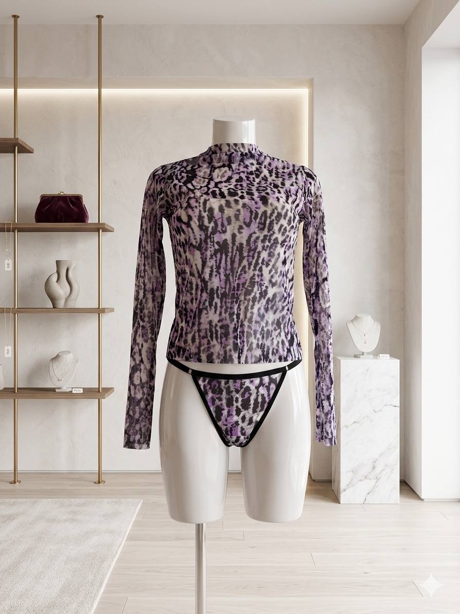 One-of-a-Kind Set: Purple Leopard Mesh Longsleeve + Free Matching Panties! – Handmade