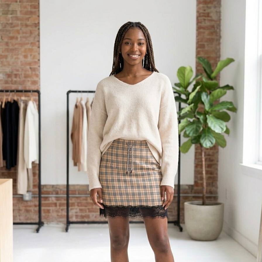 Cozy Plaid Mini Skirt with Lace Trim (Soft Viscose)