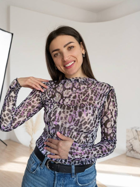 One-of-a-Kind Set: Purple Leopard Mesh Longsleeve + Free Matching Panties! – Handmade