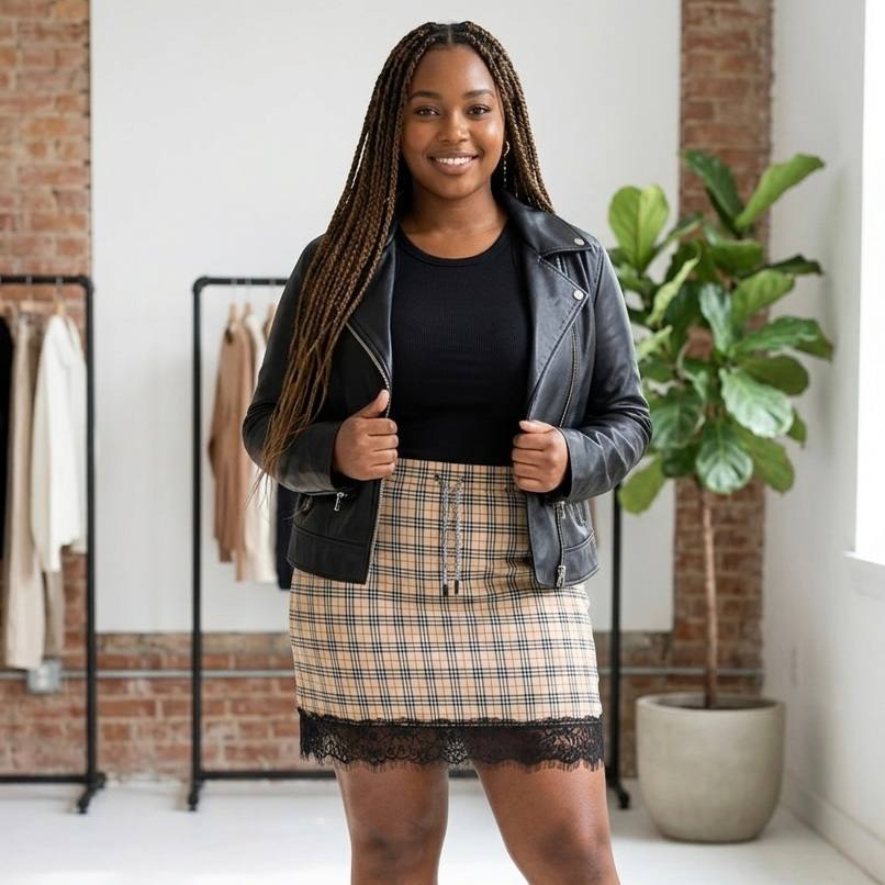 Cozy Plaid Mini Skirt with Lace Trim (Soft Viscose)